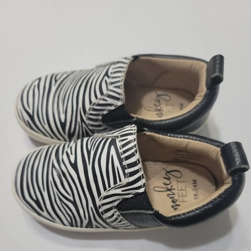 Monkey Feet Slip On Girls 18-24 Month Shoes Black Zebra Print‎ Leather Sneakers